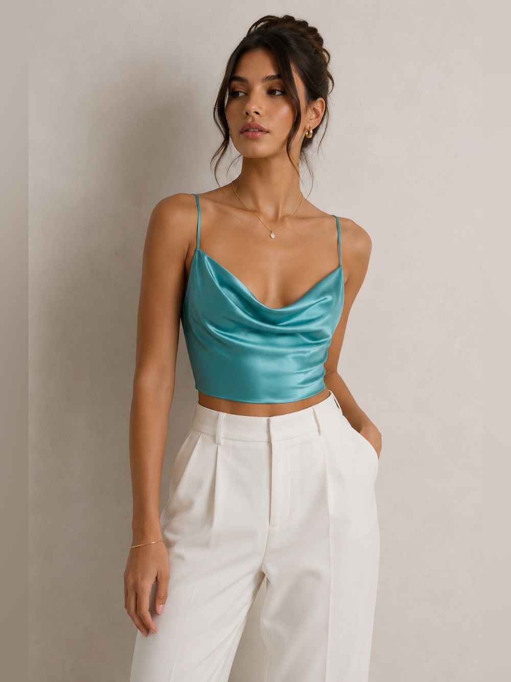 Oh Polly Aqua Satin Cowl Neck Crop Top Corset Style Cami UK 10 US 6